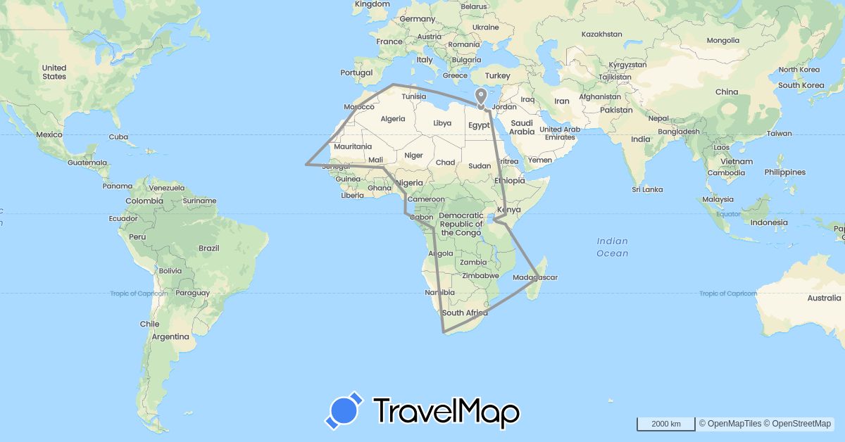 TravelMap itinerary: driving, plane in Burkina Faso, Democratic Republic of the Congo, Cape Verde, Algeria, Egypt, Ethiopia, Kenya, Morocco, Madagascar, Namibia, Nigeria, Senegal, São Tomé and Príncipe, Tanzania, South Africa (Africa)